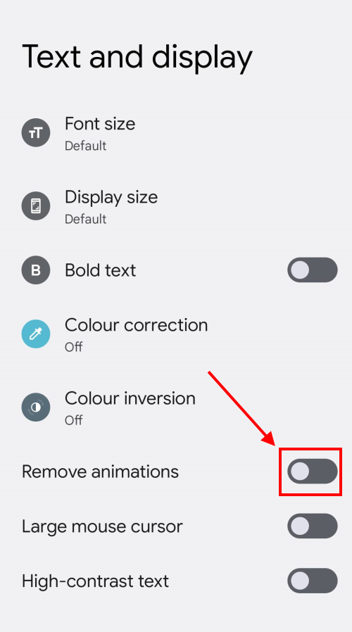 Tap the toggle switch for Remove animations to turn it on